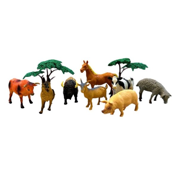 Plastic Down on the Farm Animals - Hard Plastic - Lot of 8 + 2 Trees - Picture 1 of 7